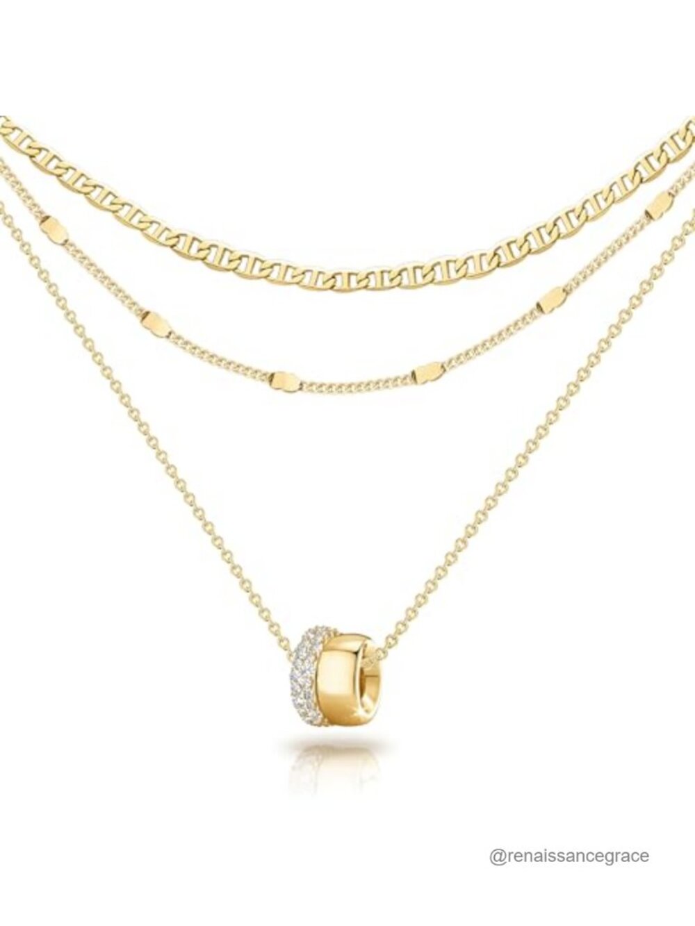 Layered CZ Rondelle Pendant Necklaces for Women 14K Gold Plated Mariner Chain